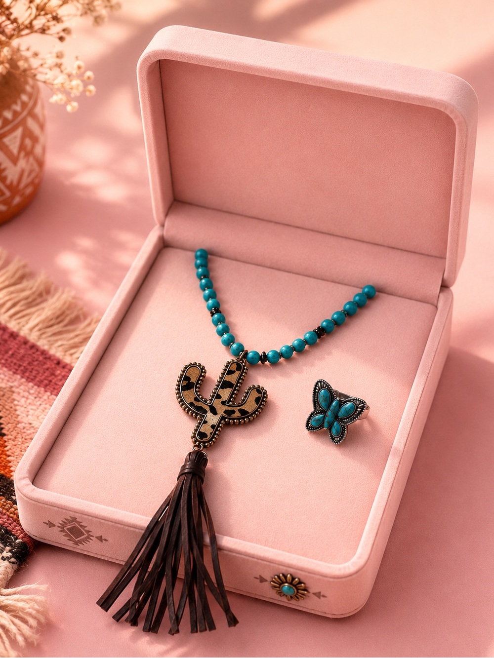 Southwest Boho Turquoise Bead Cactus Pendant Tassel necklace Butterfly ring set